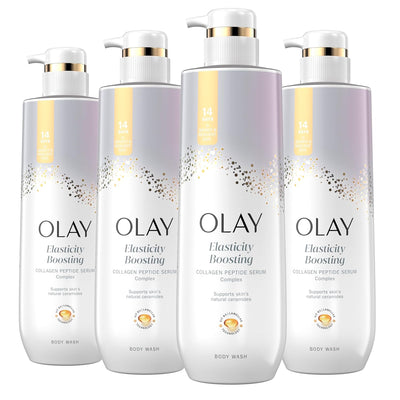 Olay Body Wash for Women, Elasticity Boosting, Collagen Peptide Serum Complex, Renews Moisture, Free of Parabens & Phthalates, Vitamin B3 Lameller Technology, For All Skin Types, 20 fl oz (Pack of 4)