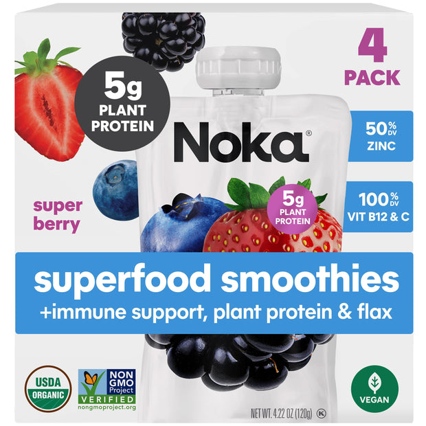 Noka Organic Superfood Smoothie Pouches – Super Berry – Immune Support with Elderberry, Vitamin C & Plant Protein, Organic Healthy Snacks for Kids & Adults, 4.22oz (12 Pack)