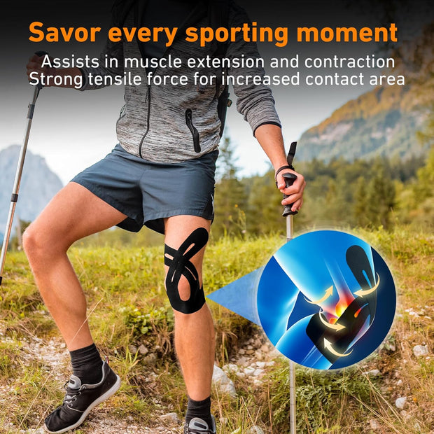 PreCut Kinesiology Tape for Knees, 12 PCS Waterproof KTQUICK Knee Tape for Knee Pain Relief Pre Cut, Original Cotton Athletic Knee Tape, Waterproof & Hypoallergenic Latex-Free for Sports (Black)