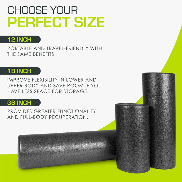 ProsourceFit High Density Foam Rollers 12 - inches Long, Firm Full Body Athletic Massage Tool for Back Stretching, Yoga, Pilates, Post Workout Muscle Recuperation, Black/Green