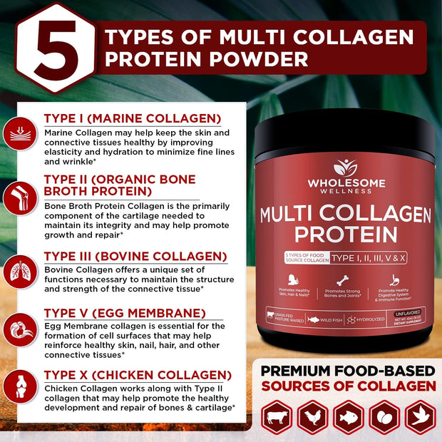 Wholesome Wellness Multi Collagen Protein Powder Hydrolyzed (Type I II III V X) Grass-Fed All-in-One Super Bone Broth + Peptides - Premium Blend of Beef, Chicken, Wild Fish, Eggshell, 58 Servings