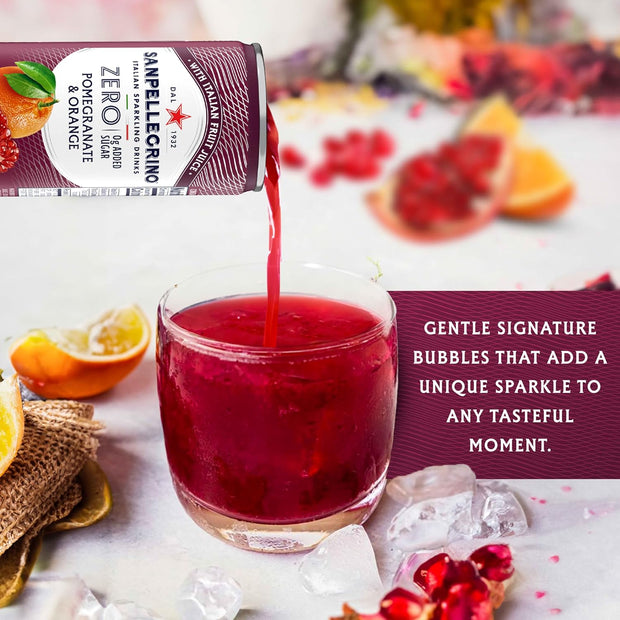 Sanpellegrino Zero Grams Added Sugar Pomegranate & Orange Italian Sparkling Drink, 24 Pack Of 11.15 Fl Oz Cans, Sanpellegrino Italian Sparkling Drinks, Low-Calorie Fruit Juice Beverages