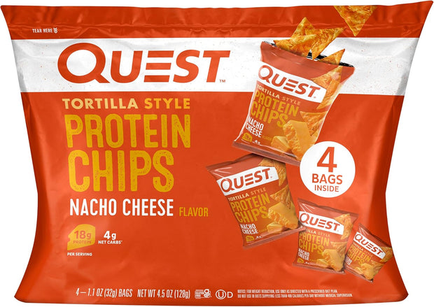 Quest Nutrition Nacho Cheese Tortilla Style Protein Chips, 18g Protein, 4g Net Carb, Low Carb, Gluten Free, 1.1 oz (Pack of 4)