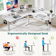 RedLemon 60 Inches L Shaped Electric Standing Desk, Height Adjustable Corner Gaming Desk with Drawers, Keyboard Tray, Power Outlets & LED Lights, Computer Desk with Monitor Shelf, Antique White