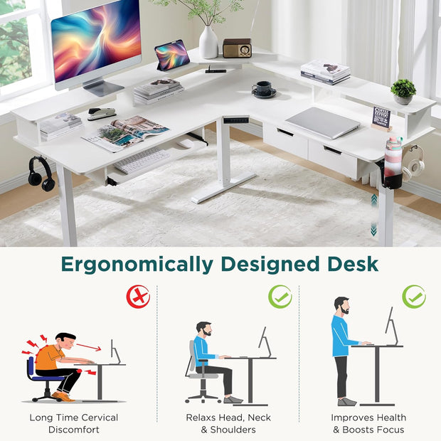 RedLemon 60 Inches L Shaped Electric Standing Desk, Height Adjustable Corner Gaming Desk with Drawers, Keyboard Tray, Power Outlets & LED Lights, Computer Desk with Monitor Shelf, Antique White