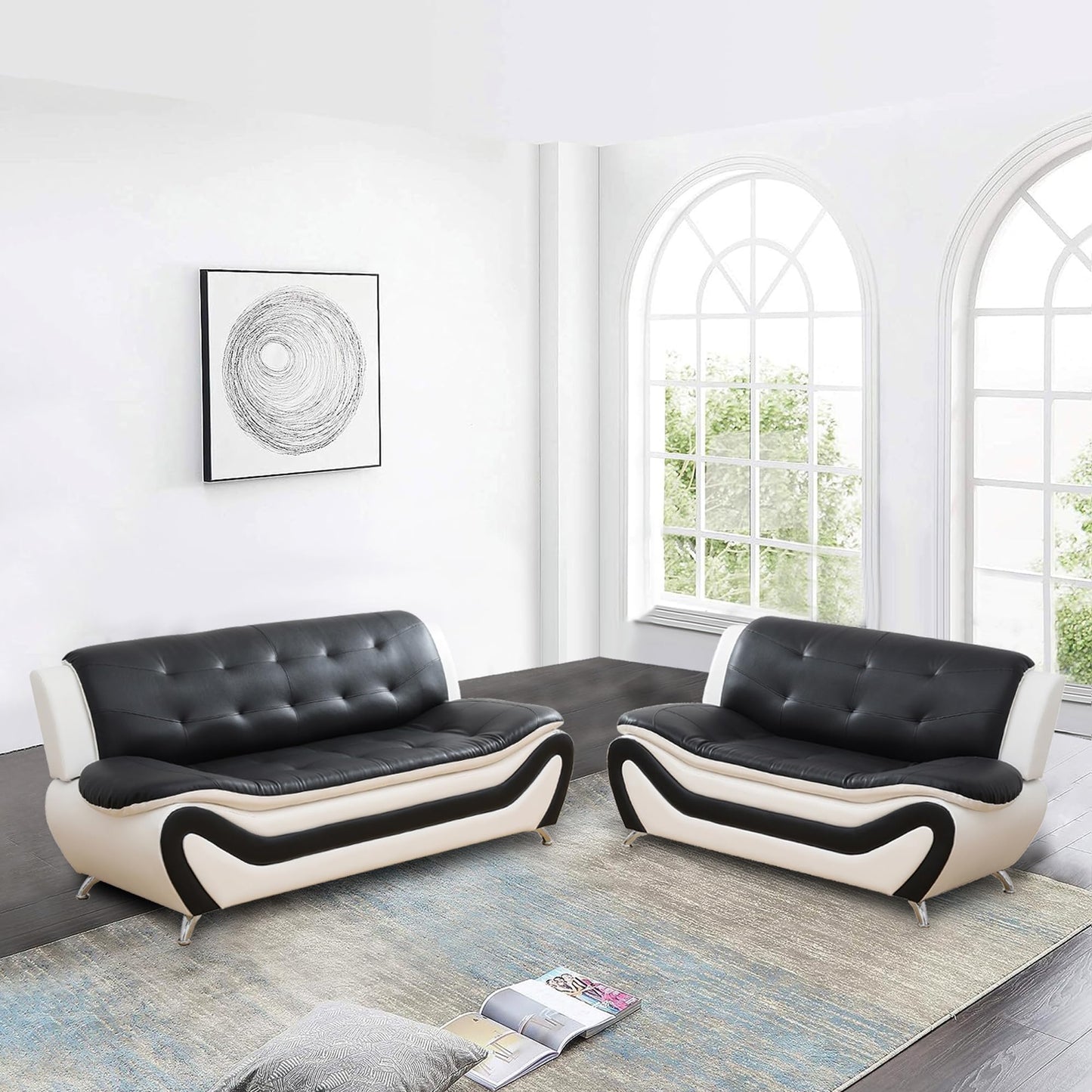 3 Piece Living Room Furniture Set, Leather Sofa Set for Living Room, Modern Couch Set with 3-Seater Sofa, Loveseat and Armchair (Black 2)