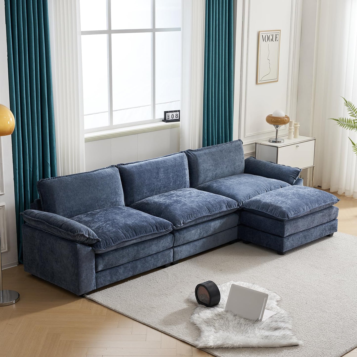 Karl home Sectional Sofa Modular Deep Seat Sofa Couch with Ottoman, Chenille Sofa Sleeper Comfy Upholstered Furniture for Living Room, Apartment, Studio, Office, (3-Seat & 1-Ottoman, Beige)