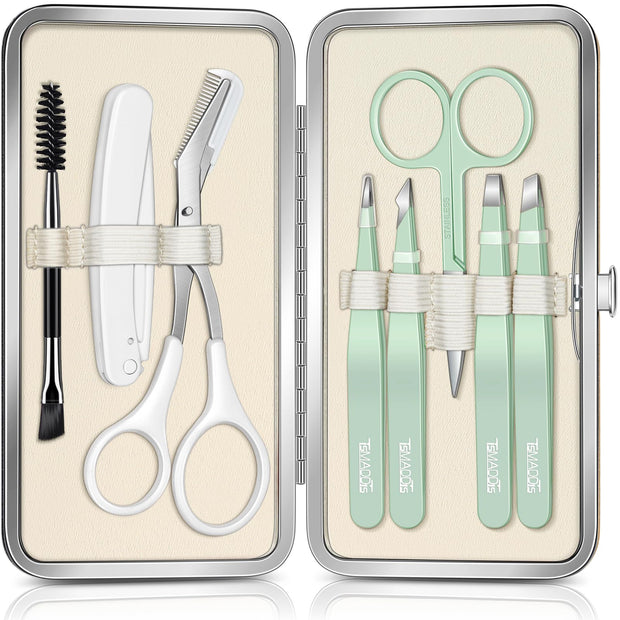TsMADDTs Tweezers for Women Facial Hair, 8 in 1 Eyebrow Kit with Tweezers, Eyebrow Trimmer Scissors, Razor, Brush with Travel Bag, Hair Plucking Daily Beauty Tools