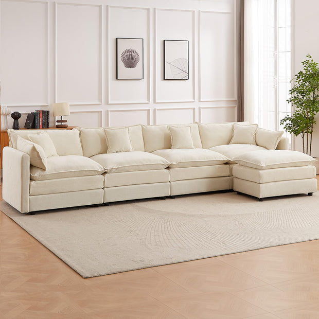 Modular Sectional Sofa, 112.2 Inch L Shaped Couch Set with Armrests, 3-Seater Comfy Cloud Couches with Movable Ottoman for Living Room Apartment, Coffee with 1 Ottoman