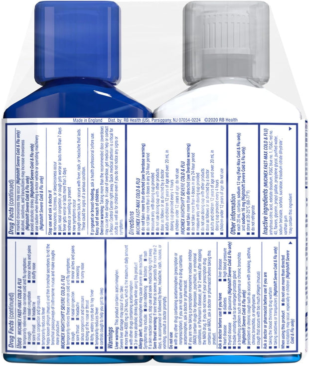 Mucinex Maximum Strength Fast-Max Cold & Flu and Nightshift, All-in-One Multi Symptom Relief Liquid, 6 Fl Oz - 2 Count (Pack of 1)