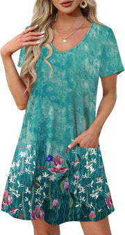 OFEEFAN Summer Dresses for Women 2025 Loose V Neck Short Sleeve Casual T Shirt Dress Sundresses Swimsuit Coverup with Pockets