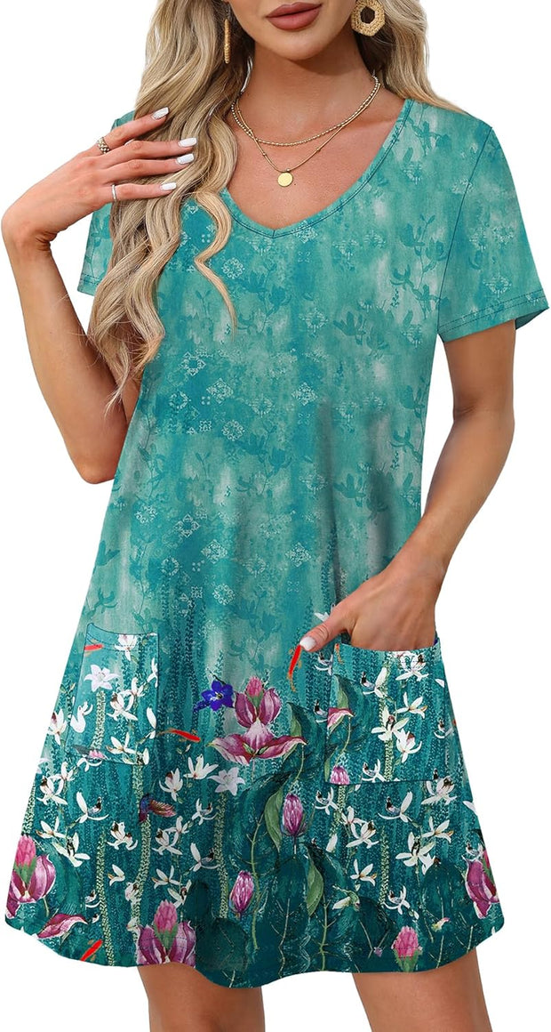 OFEEFAN Summer Dresses for Women 2025 Loose V Neck Short Sleeve Casual T Shirt Dress Sundresses Swimsuit Coverup with Pockets