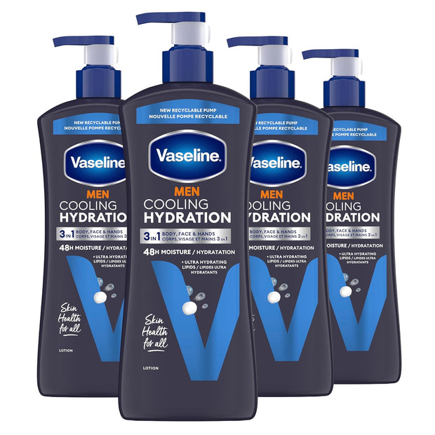 Vaseline Men Cooling Hydration 3-in-1 4 Pack for Dry Skin Face, Hands & Body Lotion for Men with Menthol & Ultra-Hydrating Lipids 20.3 oz
