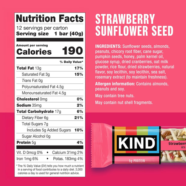 KIND Seeds Fruit & Nuts Snack Bar, Strawberry Sunflower Seed | 5g Protein, High Fiber, Gluten Free Bars, 1.4 OZ, 36 Count