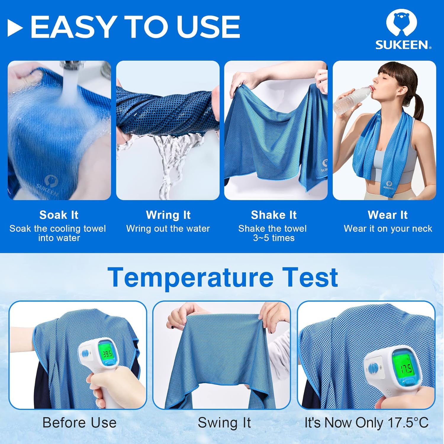 Sukeen 4 Pack Cooling Towel (40"x12"), Soft Breathable Chilly Microfiber Towel for Yoga, Sport, Running, Gym, Workout & More Activities