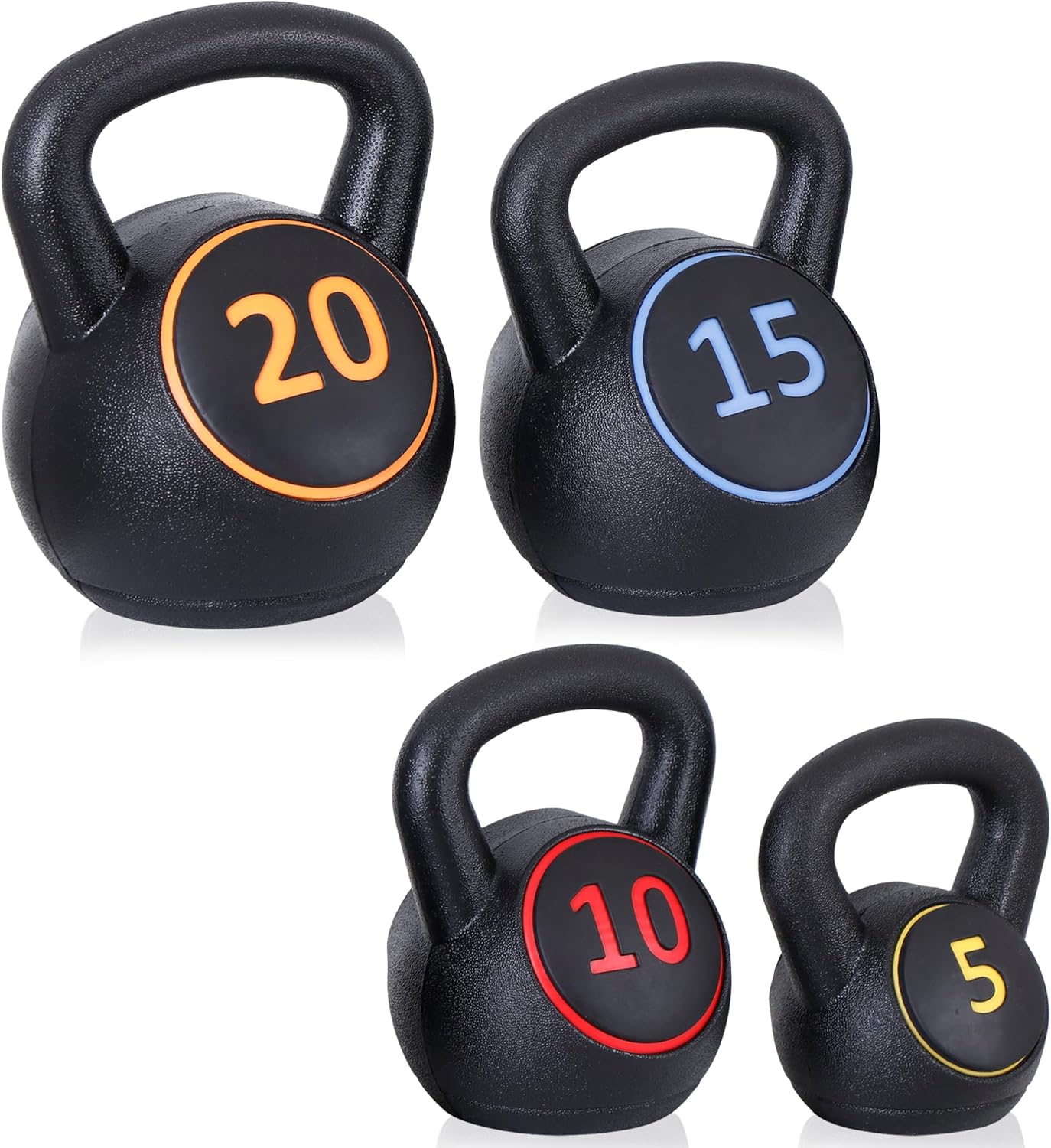4-Piece Wide Grip Kettlebell Set, Strength Training kettlebells, 5 lbs 10 lbs 15 lbs and 20 lbs, Exercise Fitness Concrete Weight, Full Body HIIT Workout