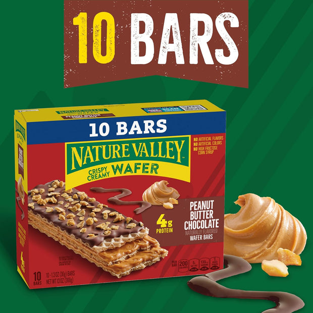 Nature Valley Crispy Creamy Wafer Bars, Peanut Butter Chocolate, 4g Protein, 10 Bars, 13 oz