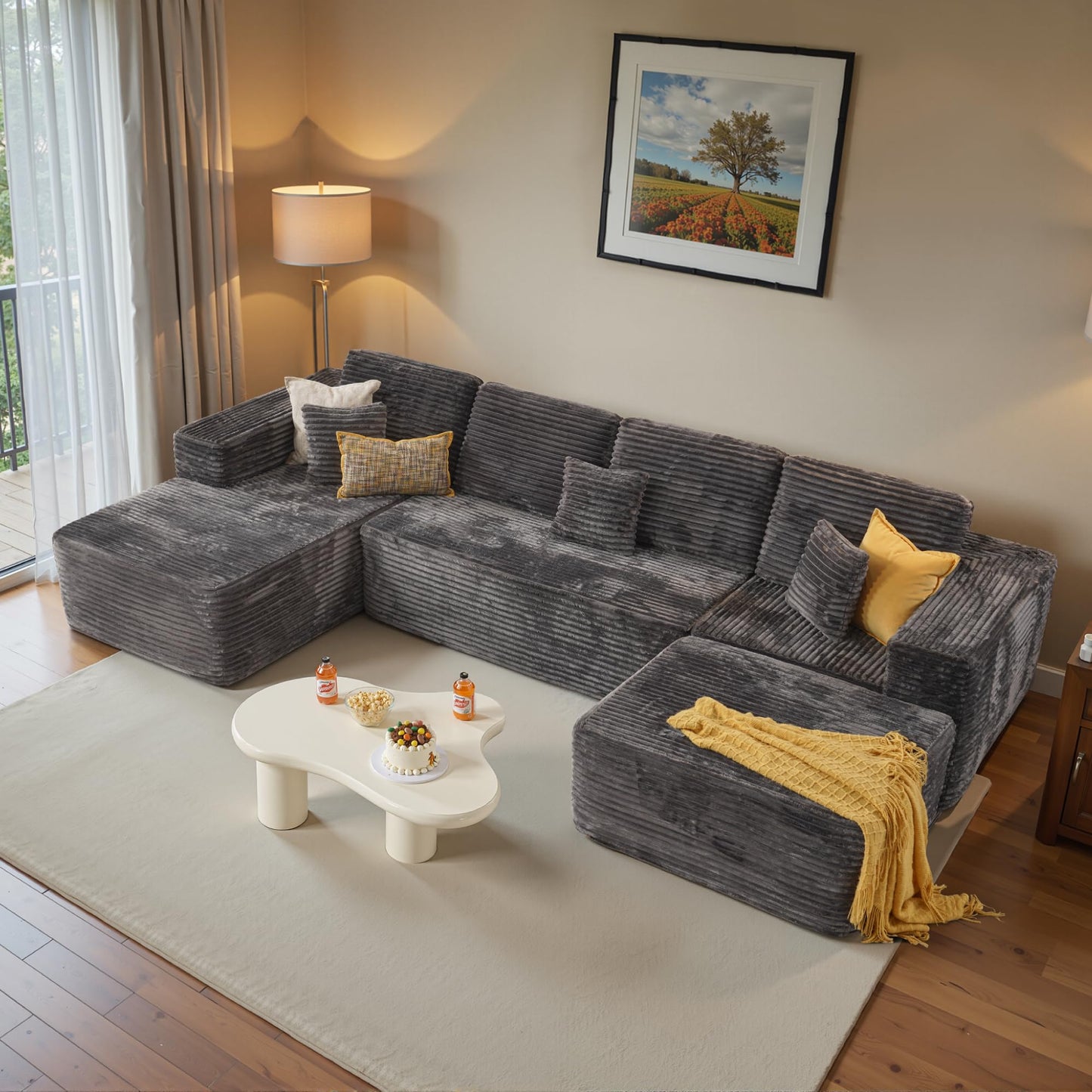 ovios Sectional Cloud Couch for Living Room, Modular Floor Sofa with Plush Corduroy, No Assembly Required, Big Comfy Couches Set with Fluffy Memory Foam, Stupendous U Shaped Sofas with Chaise, Brown
