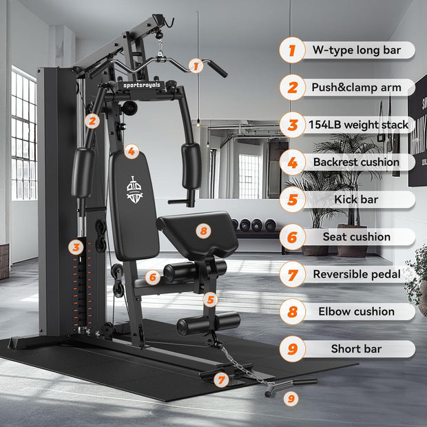Sportsroyals Home Gym Equipment, 154LBS Weight Stack, Full Body Workout Machine with Pulley System for Strength Training