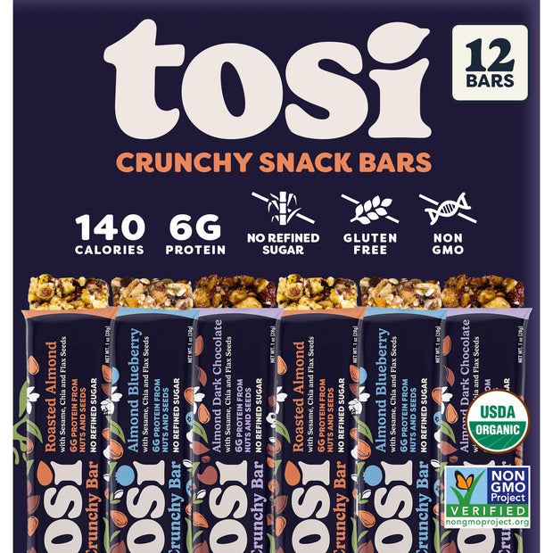 Tosi Cashew Variety Pack Protein Bars, Plant Based with Nuts, Gluten-Free Crunchy Snacks, Vegan, Organic, Flax & Chia Seeds, Soy-Free, Omega 3s, 5G Protein, 1 oz, 12-Pack