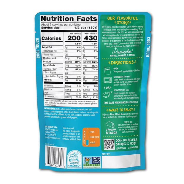 SOMOS Pinto & Black Beans - Gluten Free, Non-GMO, Vegan Ready-to-Eat Microwavable Meals - Delicious, Healthy & Plant Based Convenience - Perfect for Quick, Healthy Dining |10oz Pouch (Pack of 6)