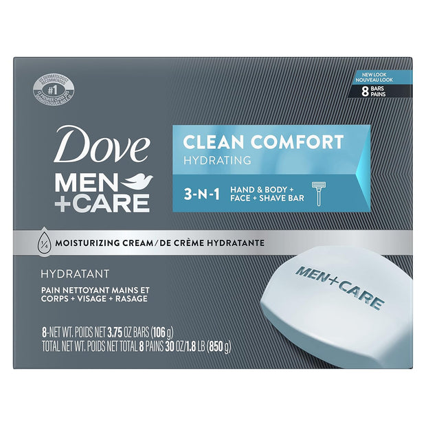Dove Men+Care Body and Face Bar To Clean and Hydrate Skin Body and Facial Cleanser More Moisturizing Than Bar Soap 3.75 oz 8 Bars (Pack of 1)