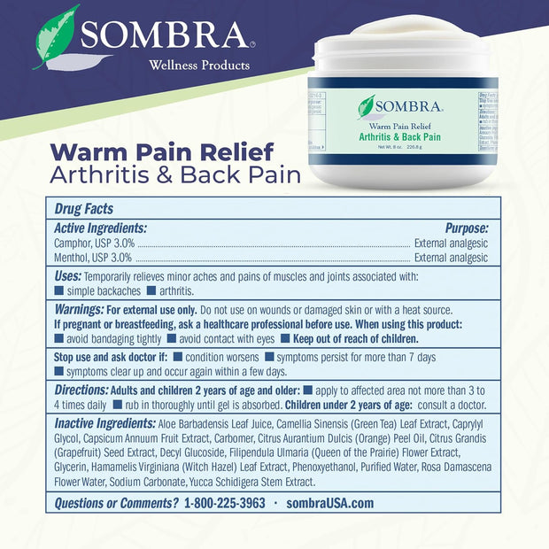 Sombra Warm Pain Relief Gel, Warm Relief for Arthritis and Chronic Pain Pre-Workout Muscle Rub Vegan Formula Free of Artificial Fragrances, Dyes, NSAIDs, Wax, Petroleum, Alcohol - 4oz Jar