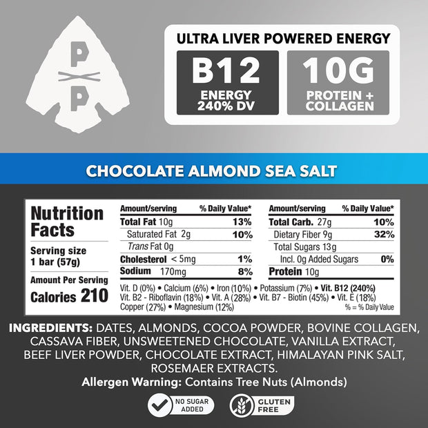 Primal Power Plus Liver Powered Nutrition Bars - B12 Energy Boost, 10g Protein, Vitamins, Minerals, Collagen, Zero Added Sugar, Gluten Free - Pack of 12 (Chocolate Almond Sea Salt Flavor)