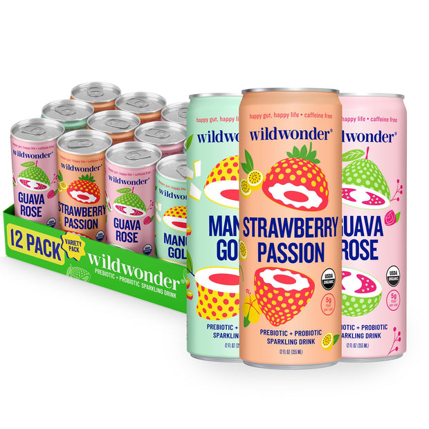 wildwonder Sparkling Probiotic Drink 12pk, For Gut Health & Immune Support, Classic Variety Pack, 5g Prebiotic Fiber, Live Probiotics, Organic, Vegan, Low Sugar, 12 Pack, 12oz Can, Seen on Shark Tank