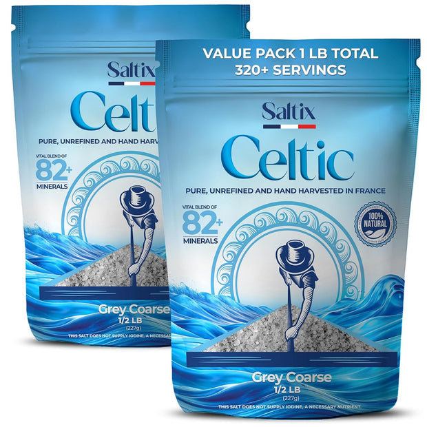 Saltix Grey Sea Salt Grey Coarse 1lb Harvested in France | 100% Natural, Organic and Unrefined | Rich in 82+ Minerals, Resealable bag (1/2lb 2 Pack)