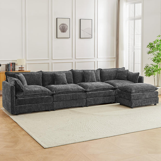 Modular Sectional Sofa, 112.2 Inch L Shaped Couch Set with Armrests, 3-Seater Comfy Cloud Couches with Movable Ottoman for Living Room Apartment, Coffee with 1 Ottoman
