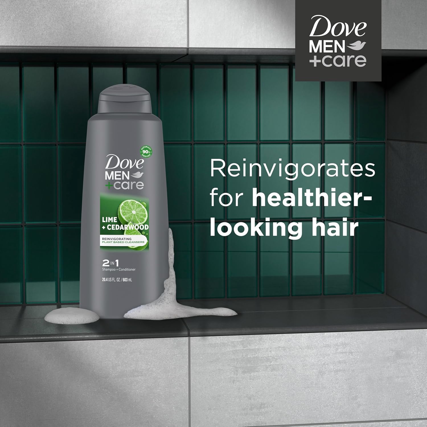 DOVE MEN + CARE Men 2 in 1 Shampoo and Conditioner Lime + Cedarwood For Healthy-Looking Hair Naturally Derived Plant Based Cleansers 20.4 OZ