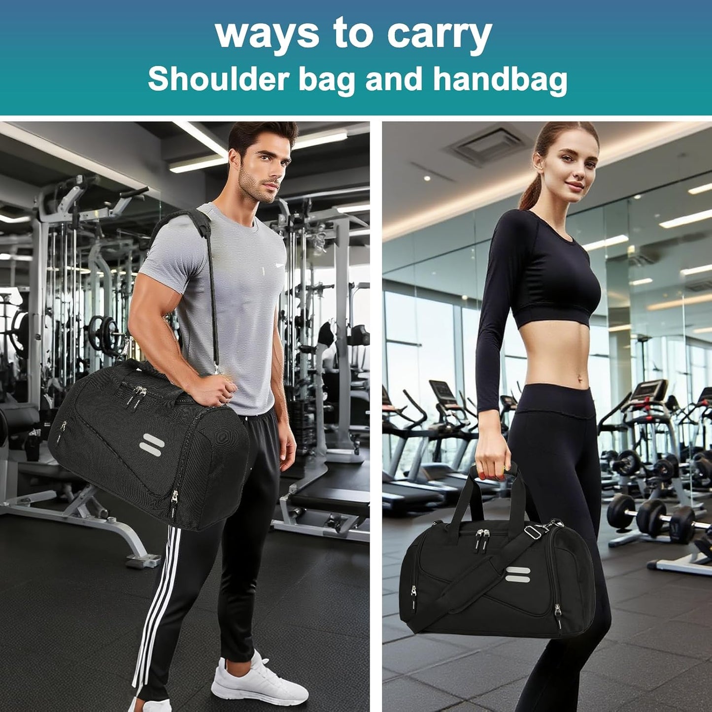 Gym Bag for Men & Women - 40L Sports Duffle Bag Carry On Weekender Overnight Bag with Shoe Compartment, Water Resistant Duffle Bag for Travel, Sports, Fitness & Workout, Black