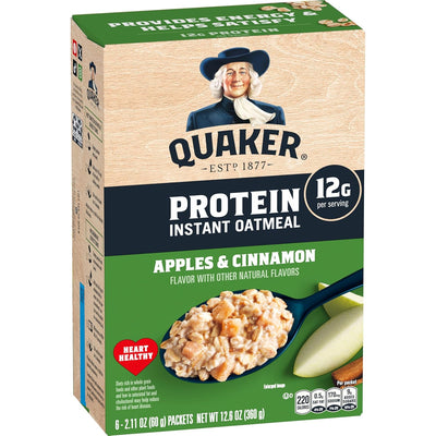Quaker Protein Instant Oatmeal, Apple Cinnamon, 12g Protein per Serving, Whole Grains, No Artificial Flavors, No Added Colors, 2.11 oz Packets, (6 Pack)
