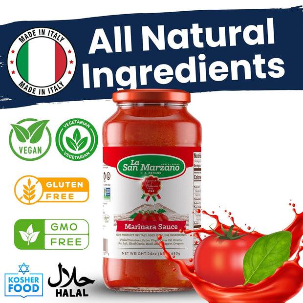 La San Marzano Marinara Sauce, 24 oz, Pasta Sauce Made in Italy, All Purpose Tomato Premium Quality, All Natural, Mediterranean Diet, Non GMO, Vegan, Gluten Free