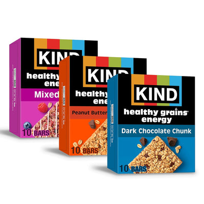 KIND Healthy Grains Energy® Bars 30ct Variety Pack, Dark Chocolate Chunk, Peanut Butter Dark Chocolate, and Mixed Berry, 18-21g Whole Grains, Made with Super Grains, Gluten Free Snacks