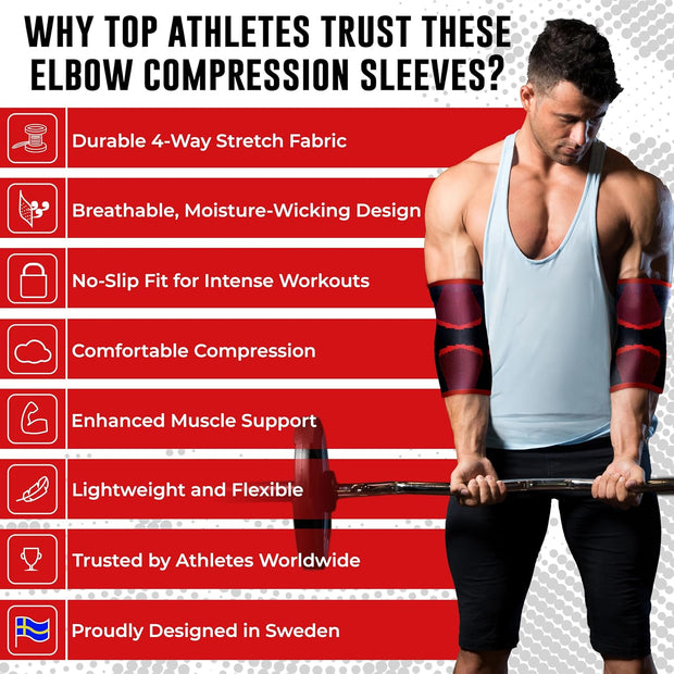 Nordic Lifting Elbow Compression Sleeves (1 Pair) – Support for Pain Relief, Tendonitis, Golfer’s & Tennis Elbow Recovery