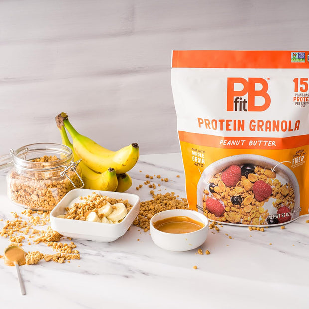 PBfit Peanut Butter Protein Granola, 15g Plant-Based Protein 22% DV, Made with Whole Grain Oats and Chia Seeds, Gluten Free, for Protein Snacks Cereals Breakfast Yogurt, 32 Oz Bag