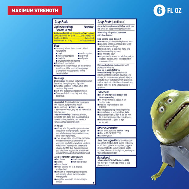 Mucinex Maximum Strength Fast-Max Cold & Flu and Nightshift, All-in-One Multi Symptom Relief Liquid, 6 Fl Oz - 2 Count (Pack of 1)