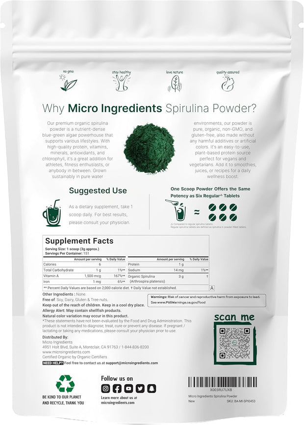 Micro Ingredients Organic Spirulina Powder, 1lb | Blue-Green Algae, Rich in Vegan Protein, Vitamins & Minerals | Source of Natural Chlorophyll & Enzymes | Non-GMO, Gluten-Free, No Additives