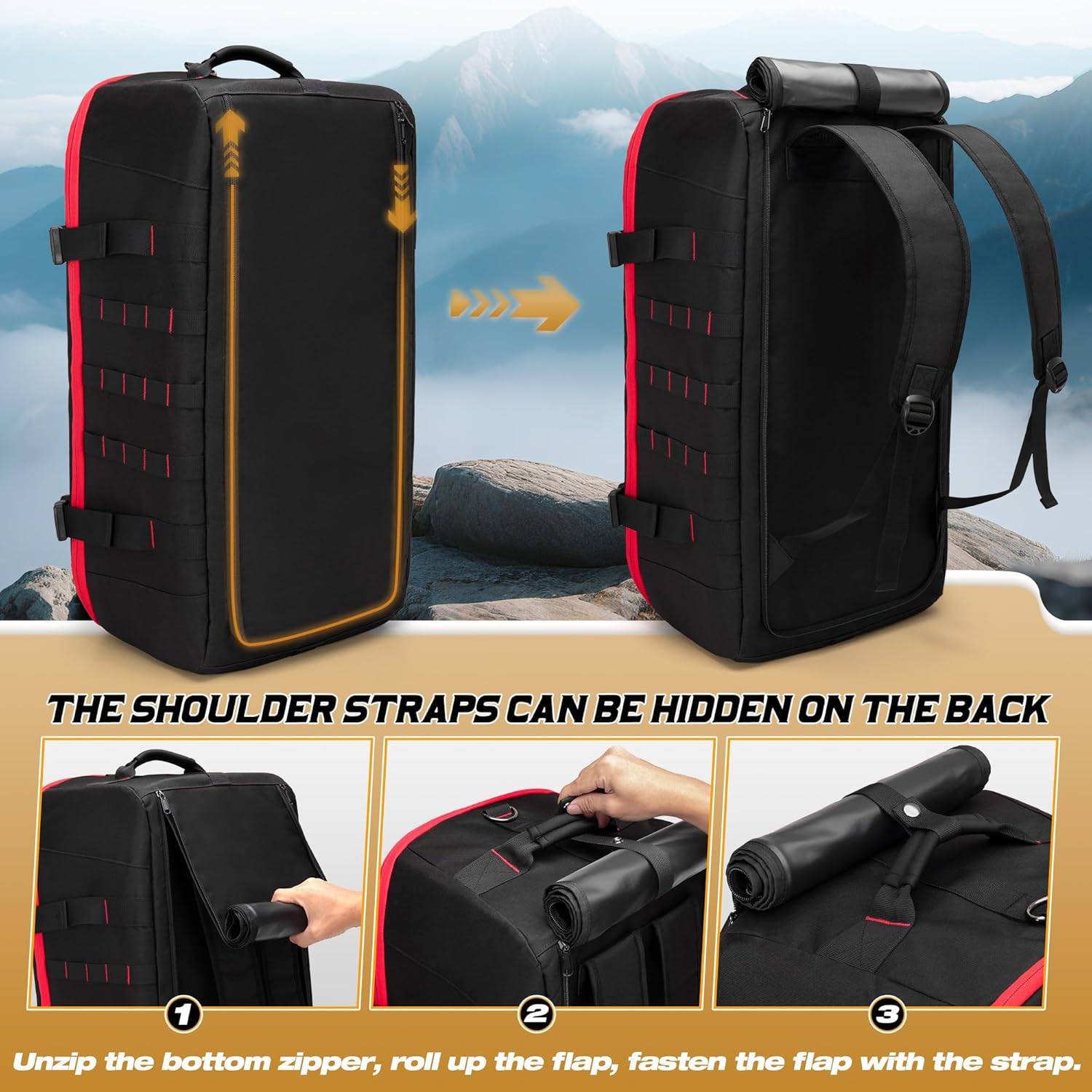 65L Tactical Duffle Bag Gym Bag with Backpack Straps, Wet Pocket and Detachable Dividers, Duffle Backpack for Travel, Sports and Military, Black
