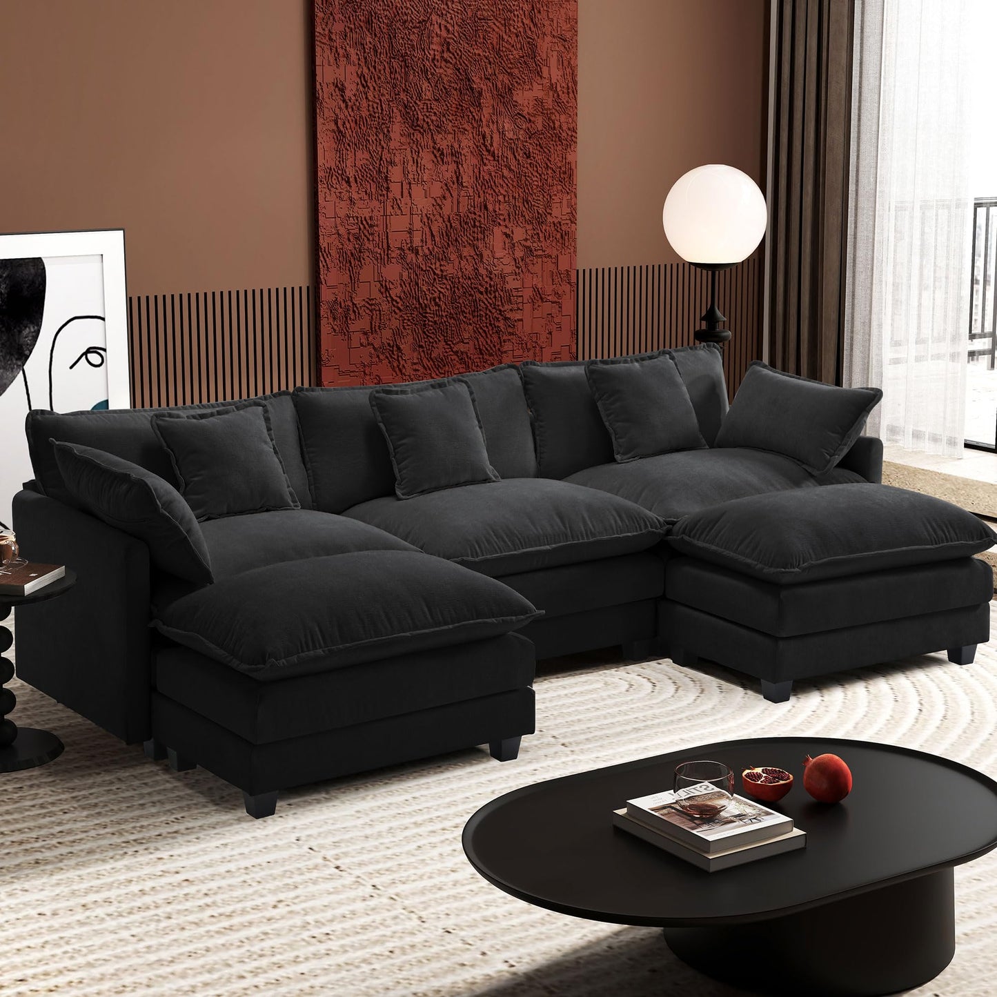Ihanherry 146" U-Shaped Modern Sofa Modular Sectional Cloud Couch with 2 Ottoman, 6-Seat Chenille Deep Seat Sofa with 6 Pillows for Living Room, Bedroom and Apartment, Grey