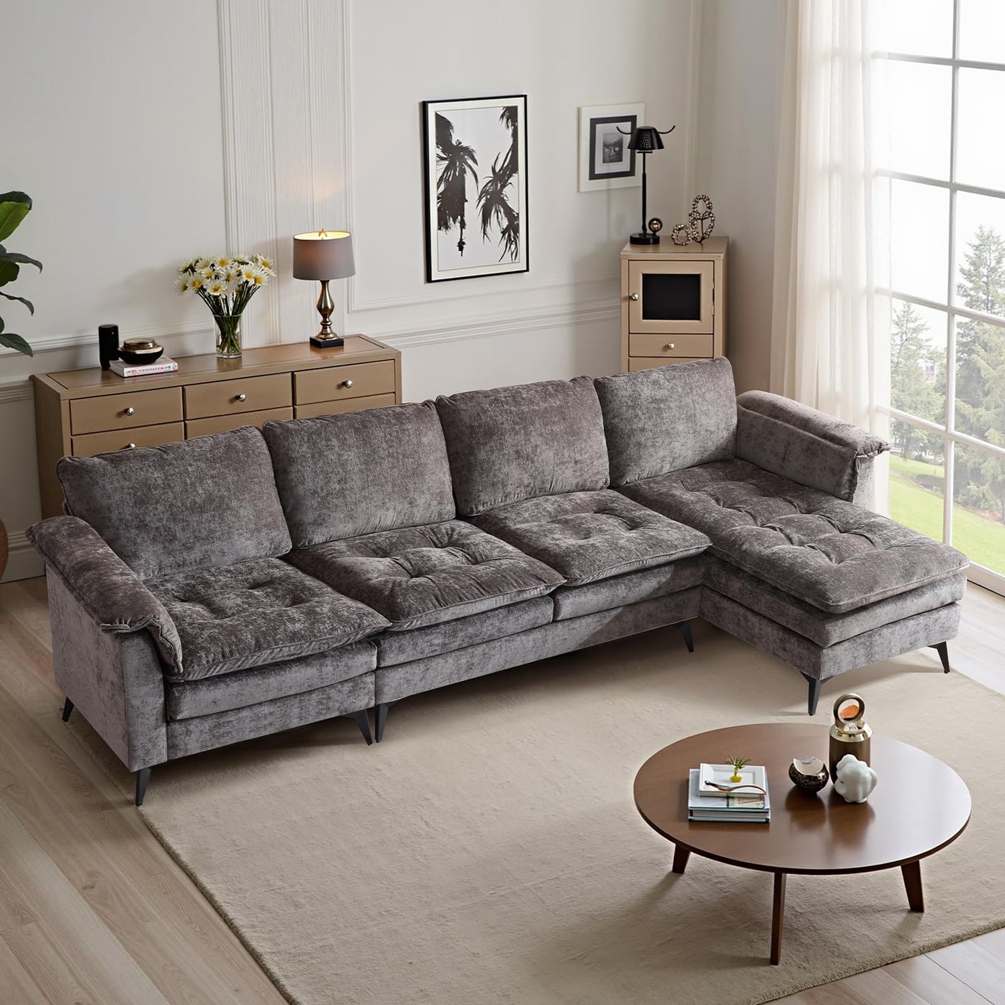 VINGLI 110" Modern U Shaped Sectional Couch with 51"D Double Chaise for Living Room, Black Deep Seat Sectional Sofa Sets with 5.9" Thickness Seating Padding for Home Furniture,Linen Fabric,Metal Legs