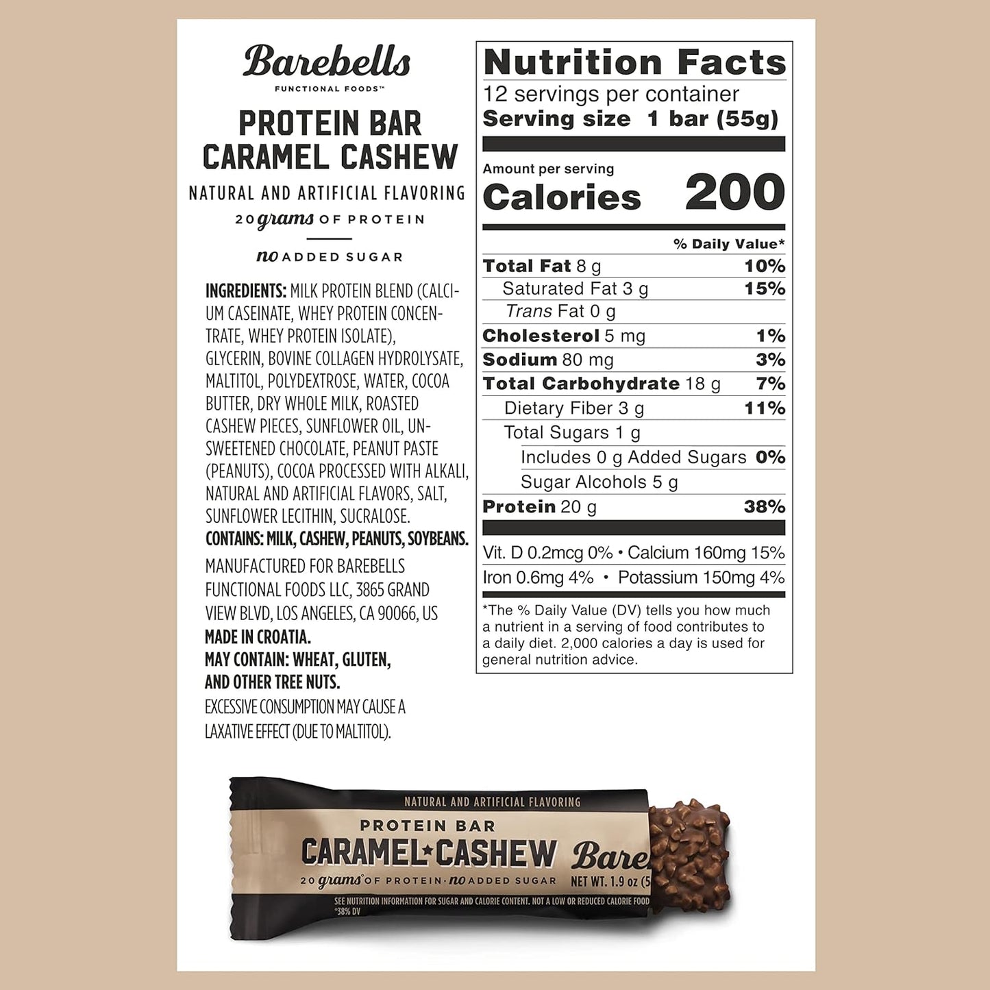 Barebells Protein Bars Caramel Cashew - 12 Count, Pack of 2 - Protein Snacks with 20g of High Protein - Chocolate Protein Bar with 1g of Total Sugars - Perfect on The Go Protein Snack & Breakfast Bars