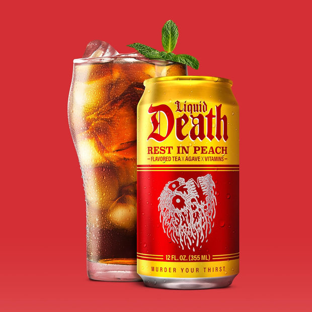 Liquid Death, Rest in Peach Iced Tea, 12-Pack (12 oz Cans), Peach Flavored Back Tea, Low Calorie, No Artificial Sweeteners, B12 & B6 Vitamins