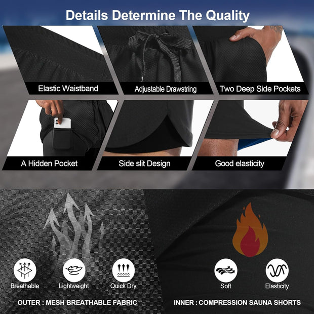Sauna Shorts for Men 2 in 1 Sweat Shorts Men Sauna Suit Compression Liner Athletic Workout Pants with Pockets