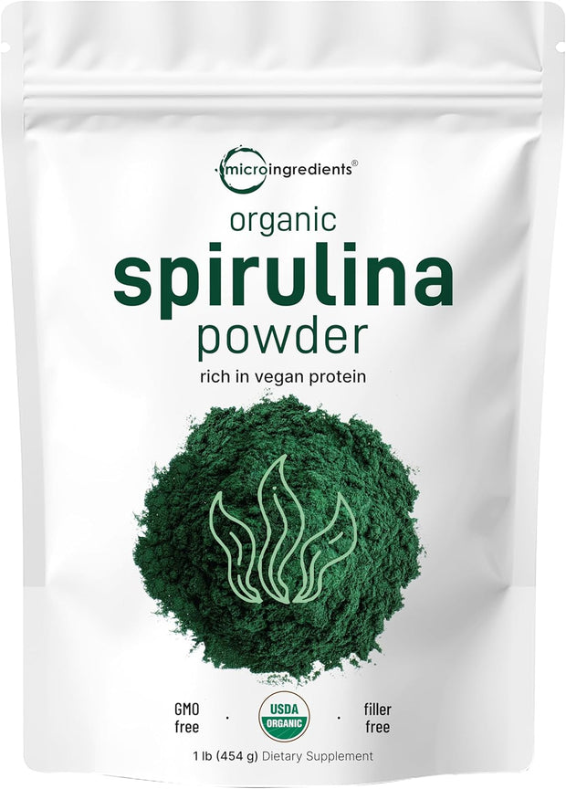 Micro Ingredients Organic Spirulina Powder, 1lb | Blue-Green Algae, Rich in Vegan Protein, Vitamins & Minerals | Source of Natural Chlorophyll & Enzymes | Non-GMO, Gluten-Free, No Additives