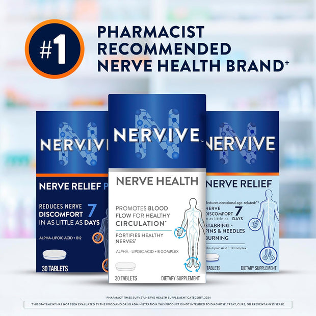 Nervive Nerve Health, with Alpha Lipoic Acid, to Fortify Nerve Health and Function in Fingers, Hands, Toes, & Feet*, and Support Healthy Circulation, ALA, Vitamins B12, B6, & B1, 30 Tablets