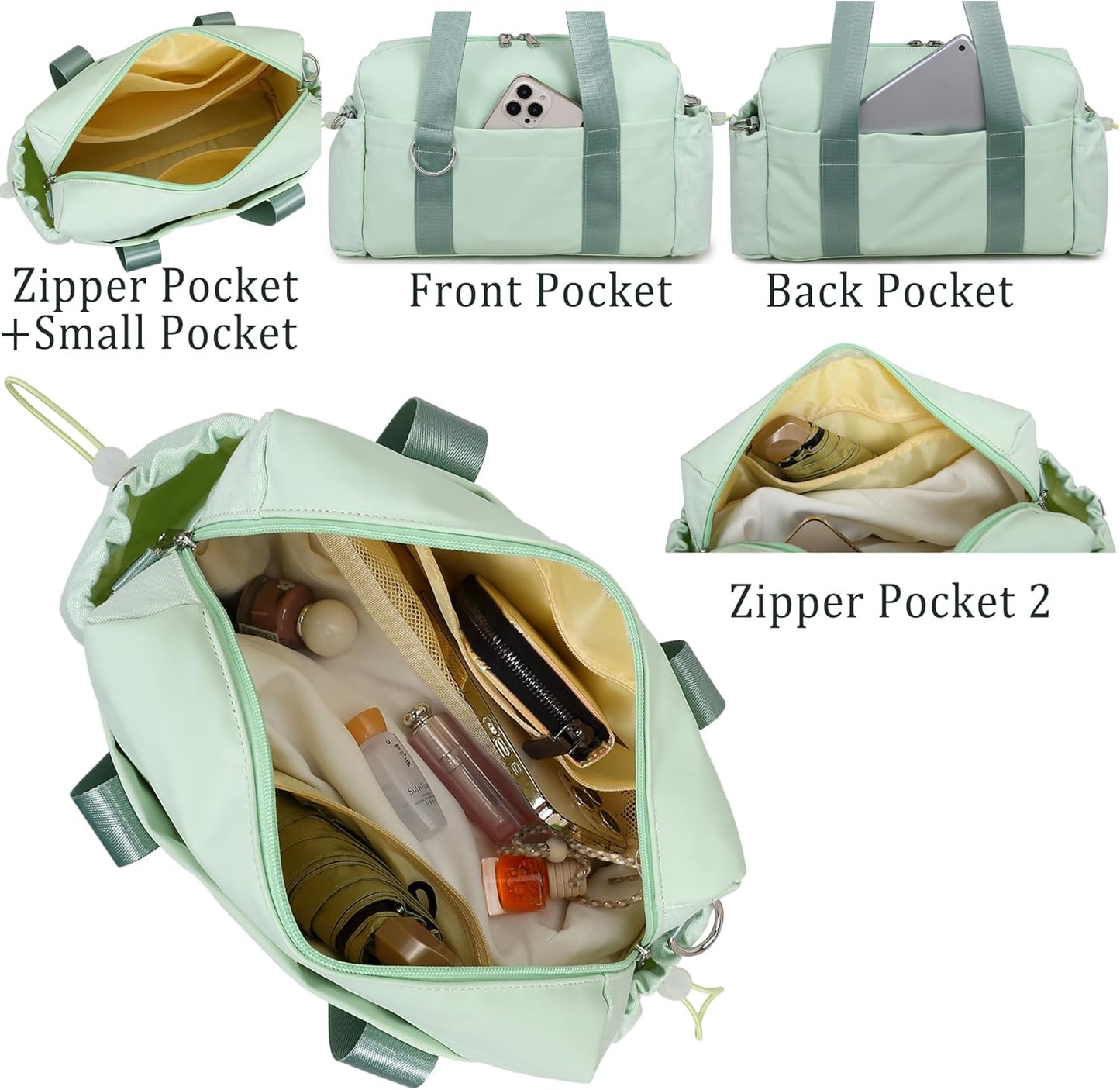 Everyday Mini Gym Bag for Women 2.0, Small Tote with Zipper Compartment Waterproof Travel Duffle Cute Handbag Workout Carry On with Removeable Shoulder Strap & Coin Wallet Easy to Clean - Green
