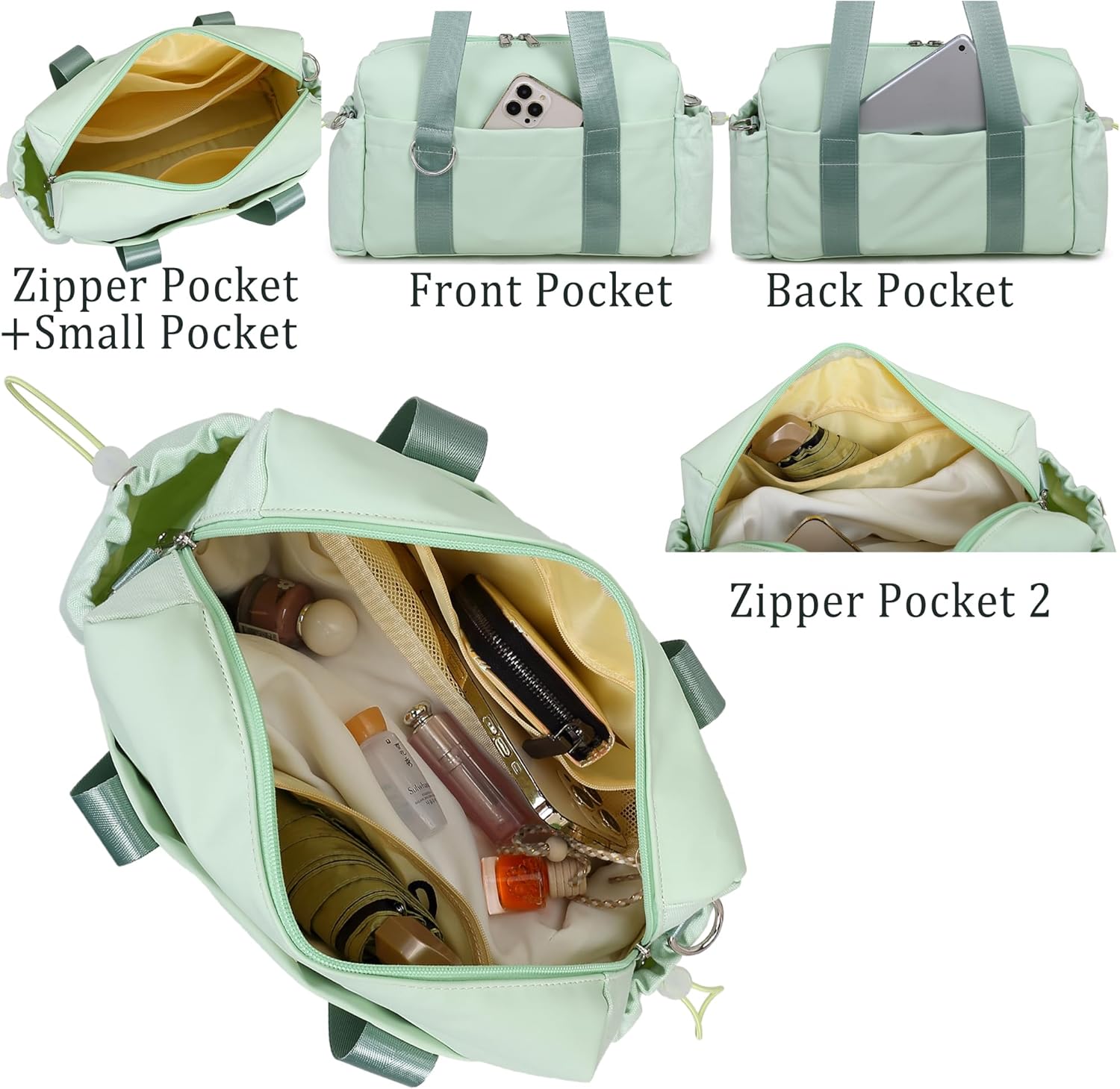 Everyday Mini Gym Bag for Women 2.0, Small Tote with Zipper Compartment Waterproof Travel Duffle Cute Handbag Workout Carry On with Removeable Shoulder Strap & Coin Wallet Easy to Clean - Green